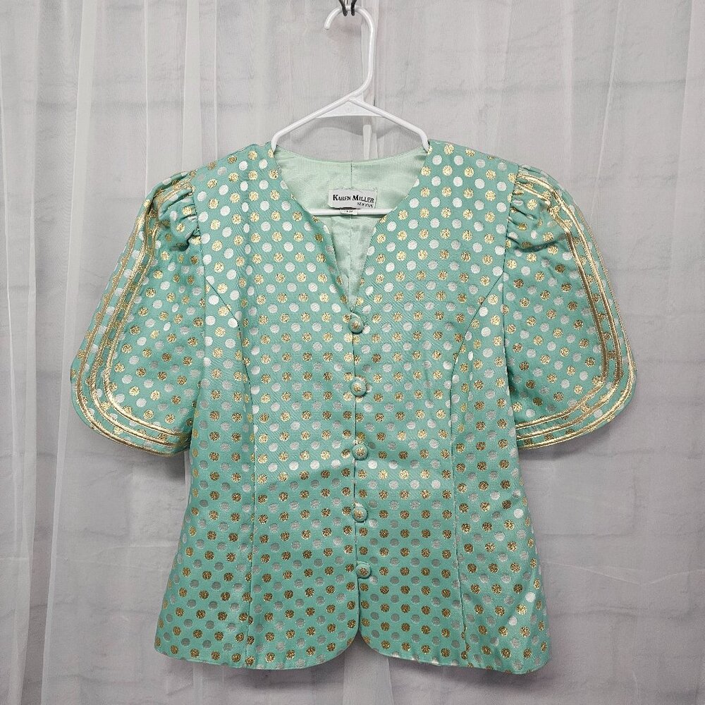 Vintage Karen Miller Shacket Jacket Green Gold Polka Dot Metallic Retro 13/14